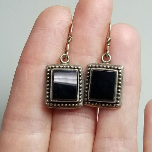 Vintage Sterling Silver Black Onyx Square Dangle Earrings, 925 Estate - Picture 8 of 8